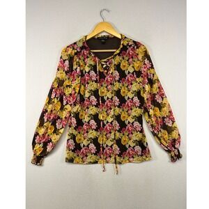 Boho Cottagecore A Love Story Womens Large Brown Floral Mesh Lace Up‎ Blouse